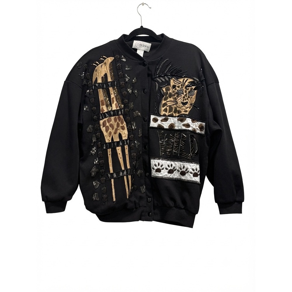 Vintage Cedars Wild Safari Animal Beaded Cardigan Giraffe Leopard Black Small